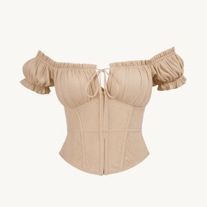 privy Beige Off-Shoulder Lace Corset Blouse